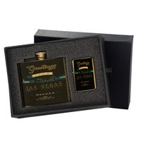 Las Vegas Night Greetings - New Vibe Gold Flip-Top Windproof Refillable Pocket Lighter & Gold Pocket Hip Flask Gift Set