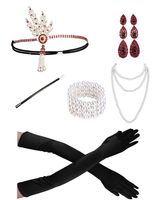 1920s Accessories Headband Necklace Gloves Cigarette Holder Flapper Costume Accessories Set for Women(ea)