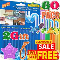 Drain Sticks Drain Cleaner and Deodorizer Drain Stix Dissolve Grease Buildup Non Toxic for Kitchen Bathroom Sinks Pipes Septic Tank Safe 60PCS Include Drain Snake Sink Strainer Helps Prevent Clogged