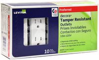 Leviton T5325-WMP 15 Amp 125 Volt, Tamper Resistant, Decora Duplex Receptacle, Straight Blade, Grounding, 10-Pack, White M22-Straight, 125 V, 2 Pole, 3 Wire, 10 pack, 10 Piece