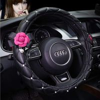 eing Fashion Cute Car Steering Wheel Cover with Diamond Pearl Flower,Idea for Girls Women Ladies,Universal Size & Fit for Four Season - Black&Rose Red Flower