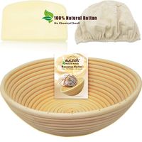 WALFOS 9" Round Banneton Proofing Basket Set - French Style Artisan Sourdough Bread Bakery Basket,Dough Scraper/Cutter & Brotform Cloth Liner Included - 100% NATURAL RATTAN