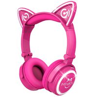MindKoo Bluetooth Headphones Over-Ear Wireless Headphones Cat Ear Headphones with LED Light Foldable Built-in Microphone and Volume Control for PC Cell Phones Kids Teenager Boys Girls Adults Hot Pink