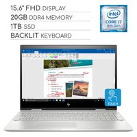 HP Envy X360 2-in-1 2019 Premium 15.6" FHD Touchscreen Laptop Computer, 4-Core Intel Core i7-8550U 1.8GHz, 20GB RAM, 1TB SSD, Backlit Keyboard, Wi-Fi, Bluetooth, Webcam, HDMI, USB-C, Windows 10