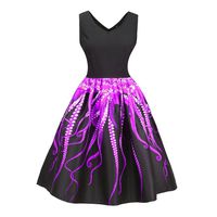 Minisoya Women Octopus Printed Flare A-line Dress Sleeveless Casual Vintage Cocktail Evening Party Prom Swing Dress (Purple, L)
