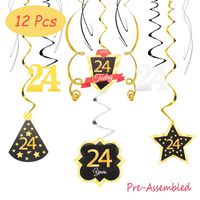 24 Birthday Decoration Happy 24th Birthday Party Silver Black Gold Foil Hanging Swirl Streamers I'm Twenty-four Years Old Today Birthday Hat Gold Star Ornament Party Present Supplies