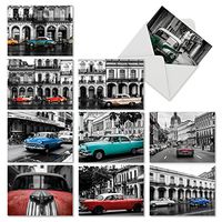 The Best Card Company - 10 Assorted Greeting Cards Blank (4 x 5.12 Inch) - All Occasion Vehicle Notecard Set - Havana Hotrods M6550OCB