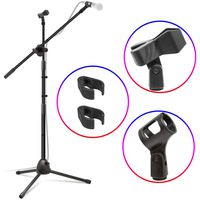Kasonic Microphone Stand, Heavy Duty Adjustable Collapsible Tripod Boom Mic Stands with 2 Mic Clip Holders for Performance, Karaoke Singing, Speech, Wedding, Stage and Outdoor Activity - Black