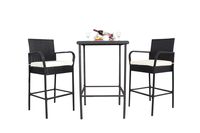 Leaptime Patio Rattan Bar Table and Stools Set 3-Piece Outside Garden Wicker Bar Set Black PE Wicker Khaki Cushion