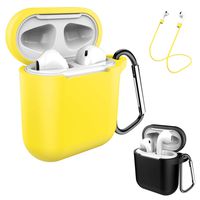 AirPods Case Keychain, Coffea 2 Pack Protective Silicone Case Cover and Skin with Anti-Lost Strap for AirPods 1 & 2 Charging Case (Black+Yellow)