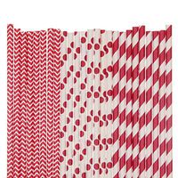 Red Paper Straw Mix - Chevron, Polka Dot and Striped (50)