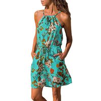 ♥ HebeTop ♥ Women Summer Halter Sleeveless Floral Elastic Waist Pocket Casual Beach Mini A-Line Dress Blue