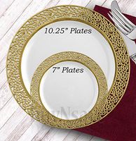 buyNsave White with Gold Heavyweight Plastic Elegant Disposable Plates, Wedding Party Elegant Dinnerware, Inspiration Collection (40, 10.25" Dinner Plates)