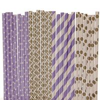 Gold and Lavender Paper Straw Mix - Polka Dot, Striped, Damask (100)