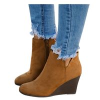 Meikosks Women's Wedges Ankle Booties Retro V Cutout Comfy Short Boots Flock Leather Zip Closure Stacked Chunky Block Heels Shoes Brown