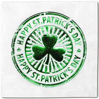 Happy St. Patrick's Day Coin Pack 50 Napkins White - Green Foil Cocktail