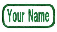 Name Patch Uniform Work Shirt Personalized Embroidered White with Green Border. Sew on.