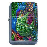 Psychedelic Animal Chameleon Flip Top Dual Torch Em1 Smoking Cigarette Silver Refillable Dual Flame