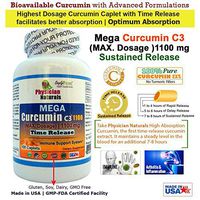 Physician Naturals Mega Curcumin C3 Time Release 1100 mg 100 Caplets Highest Dosage Ultra Pure Curcumin Turmeric Ext