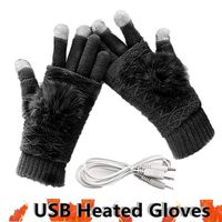 Women's & Men's USB Heated Gloves Mitten Winter Hands Warm Laptop Gloves, Pom Pom Knitting Hands Full & Half Heated Fingerless Heating Warmer Washable Design (Black)