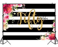 BackdropsOnline Fabulous and Fifty Photography Backdrops Floral Black and White Stripe 50th Birthday Party Banner Flowers Cake Table Decorations Photo Studio Booth Background Vinyl 7x5ft