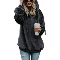 Lloopyting Women's Winter Hooded Sweatshirt Long Sleeves Faux Shearling Shaggy Warm Pullover Zipped Up with Pockets Tops Dark Gray