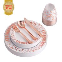 150pcs Confetti Celebrate Rose Gold Plastic Tableware Set- 25 Dinner Plates, 25 Salad or Dessert Plates & 25 Polished Silver Forks Knives & Spoons & 9oz cups