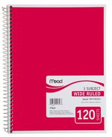 Mead Spiral Notebook, 3 Subject, Wide Ruled Paper, 120 Sheets, 10-1/2  x 7-1/2 inches, Red (72225)