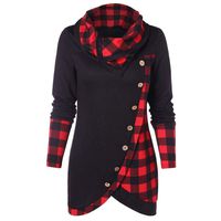 RUIVE Women's Plaid Print Blouse Turtleneck/Hooded Button Asymmetric Tops Casual Long Tartan Tunic Sweatshirt Red