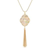 Long Necklaces For Woman Disk Circle Pendant Necklaces Tassel Fringe Y Necklace Set Statement Pendant (quatrefoil-gold-Floral)