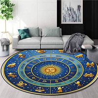 RUGSMAT Astrology Modern Machine Round Bath Mat,Wheel of Astrological Signs Names and Dates with Moon Sun in Middle Non-Slip No-Shedding Kitchen Soft Floor Mat,Round-47 Inch Blue Yellow and Cream