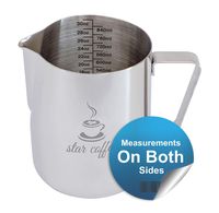 Star Coffee 30, 20 or 12oz Stainless Steel Milk Frothing Pitcher - Measurements on Both Sides Inside Plus eBook & Microfiber Cloth - Perfect for Espresso Machines, Milk Frothers, Latte Art