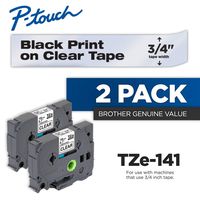 Brother Genuine P-Touch 2-Pack TZe-141 Laminated Tape, Black Print on Clear Standard Adhesive Laminated Tape for P-Touch Label Makers, Each Roll is 0.7"/18mm (~ 3/4") Wide, 26.2 ft. (8M) Long