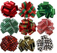 Christmas Gift Wrap Pull Bows - 5" Wide, Set of 9, Metallic Red, Green, Gold, Stripes, Plaid, Buffalo Check, Ribbons for Christmas Presents, Wreaths, Swags, Giftwrapping
