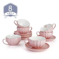 Amazingware Royal Tea Cups and Saucers, with Gold Trim and Gift Box, British Coffee Cups, Porcelain Tea Set, Set of 6 (8 oz)- Pink