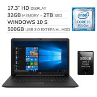 HP 2020 Premium 17.3" HD Laptop, 4 Core Intel i5-8265U 1.60 GHz, 32GB RAM,2TB SSD, DVD, Wi-Fi, Bluetooth, Webcam, HDMI, Windows 10 S,500GB USB 3.0 External HDD