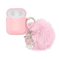 Silicone Protective Case For Airpods - Migugu Drop Proof Air Pods Protective Case Cover Silicone Skin for Apple Airpods 2 & 1 Charging Case, Cute Fur Ball Airpod Keychain/Strap (Pink)