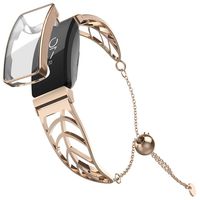 UooMoo Band and Case Compatible with Fitbit Inspire, Leaf Shape Stainless Steel Bracelet Women Replacement for Fitbit Inspire Smart Watch, Rose Gold