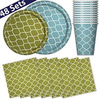 Paper Dinnerware Set for 48 - Blue & Green Forest - Dinner Plates, Dessert Plates, Cups, Napkins - Heavy Duty Disposable Tableware Dishes for Parties with Lattice Design