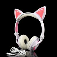 Wired Kids Headphones, Foldable Cute Cat Headphones with Flash LED Ears Cosplay Earphone for Teens Toddlers Kids Adults,Compatible with MP3 iPhone Android Smartphone Tablet PC (White&Pink)