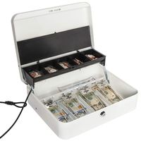 Jssmst Large Locking Cash Box with Money Tray, Metal Money Box with Key Lock, White