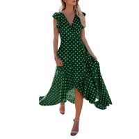 Womens Dots Boho V Neck Dress Lady Beach Summer Sundress Maxi Flowy Dress
