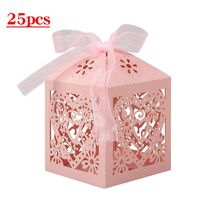 Lucky Monet 25/50/100PCS Love Heart Laser Cut Wedding Candy Gift Box Chocolate Box for Wedding Favor Birthday Party Bridal Shower with Ribbon (25pcs, Pink)