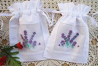 White Cotton Linen Gift Bags Drawstring Embroidered Sachet Purple Lavender Birds Wreath Floral 5" x 7" Pack of 2 (color1)