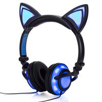Wired Cat Ear Headphones Glowing Lights with USB Charging Cable (Black)