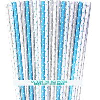 Polka Dot Paper Straws - Light Blue Silver White - 7.75 Inches - 100 Pack - Outside the Box Papers Brand