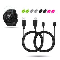 JIUJOJA 2Pack for Garmin Fenix 6X /6X Pro Charging Clip Sync Data Cable and 2Pcs Free HD Tempered Glass Screen Protector and 8pcs Color Charger Port Protector Dustproof Anti Dust Plugs Caps