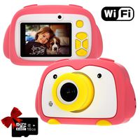 Kids Camera PANNOVO WiFi Digital Cam for Girls Rechargeable Video Recorder Cartoon Shockproof Silicone Case with 16GB SD Card 24MP HD 720P 2 Inch Screen for 3-12 Year Old Boys Toddler - Pink