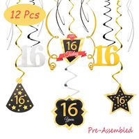 16 Birthday Decoration Happy 16th Birthday Party Silver Black Gold Foil Hanging Swirl Streamers I'm Sixteen Years Old Today Birthday Hat Gold Star Ornament Party Present Supplies