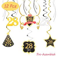 28 Birthday Decoration Happy 28th Birthday Party Silver Black Gold Foil Hanging Swirl Streamers I'm Twenty-eight Years Old Today Birthday Hat Gold Star Ornament Party Present Supplies